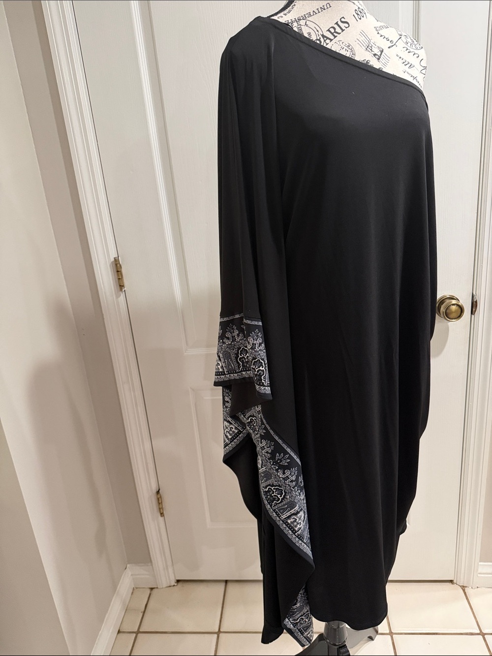 Michael Kors one shoulder draped kaftan dress black  Paisley Border Trim 20w